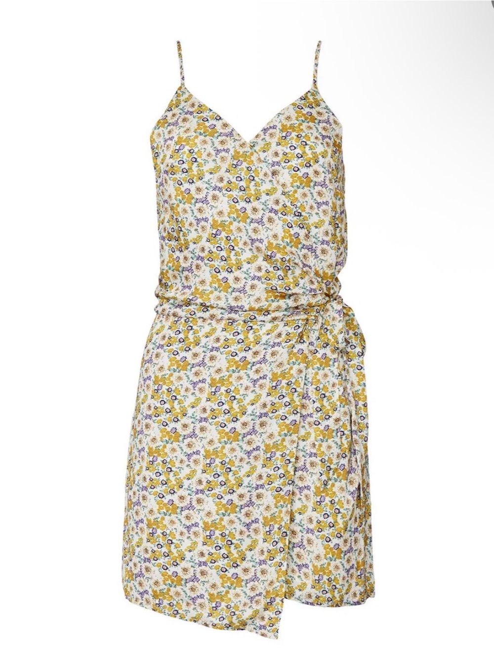Heartloom Floral Spaghetti Strap Wrap Dress in Yellow & White